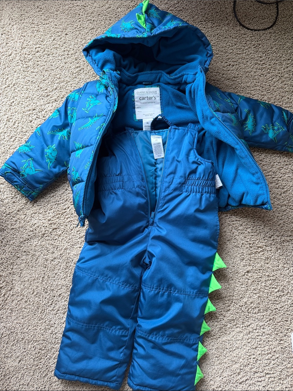 Carter's Blue & Green Dino Snowsuit Set